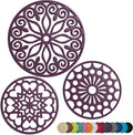 3 Set Silicone Trivet Mats with 1 Extra Large Included | Intricately Carved Insulated Flexible Durable Non Slip Thick Round Premium Trivets for Hot pots and Pans | Deep Purple