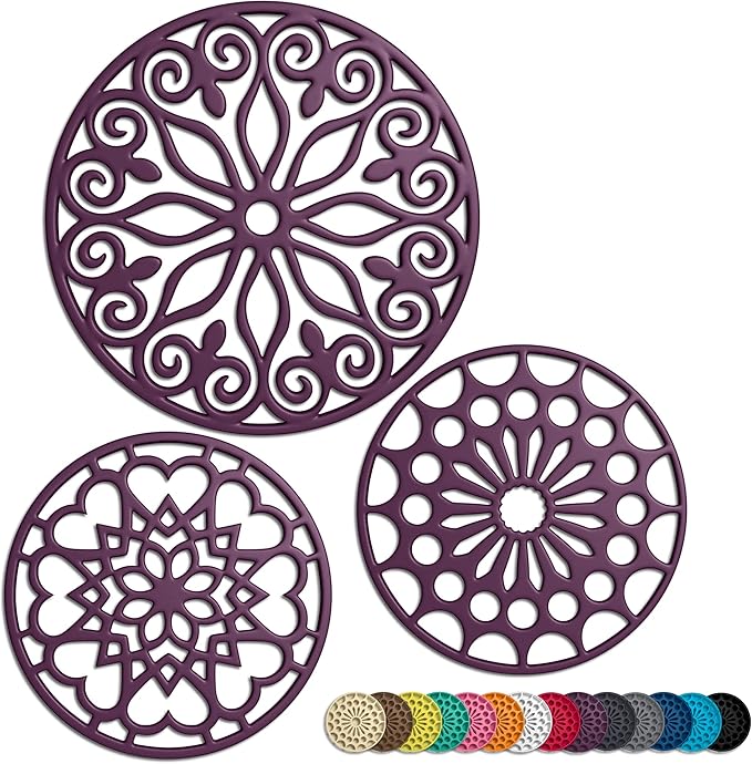 3 Set Silicone Trivet Mats with 1 Extra Large Included | Intricately Carved Insulated Flexible Durable Non Slip Thick Round Premium Trivets for Hot pots and Pans | Deep Purple