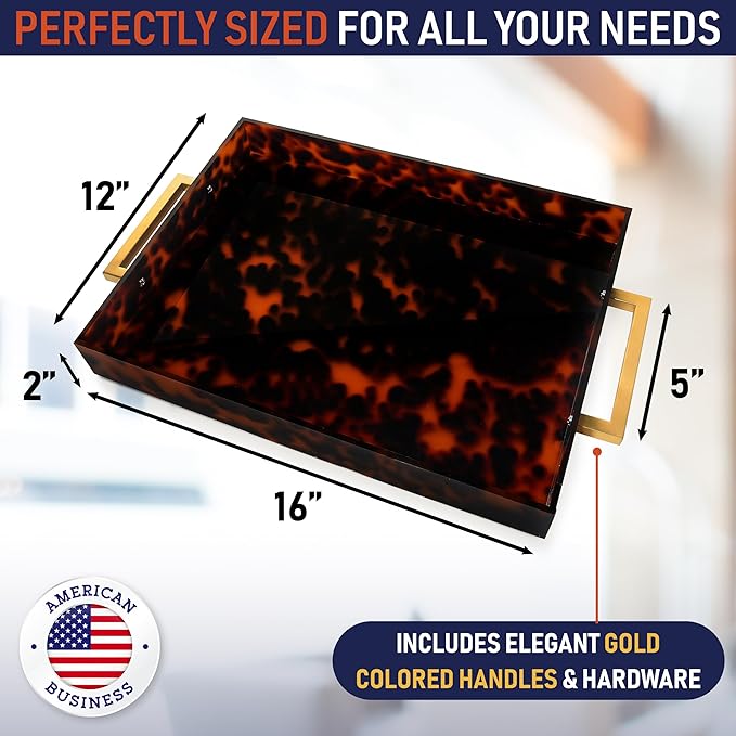 Acrylic Serving Tray with Gold Handles, 16" x 12" Decorative Tray for Coffee Table, Spill-Proof Food and Drink Server. Multipurpose for Ottoman, Kitchen, Vanity, Countertop, Party Use (Tortoise Shell)