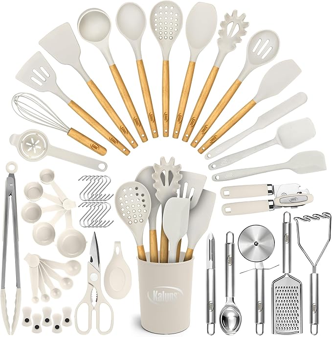 Kaluns 50 PCS Silicone Kitchen Utensils Set Complete Kitchen Set - 800°F Heat Resistant Non-Stick Premium Cooking Utensils W Wooden Handles - Can Opener, Masher, Turner, Silicone Spatula Set