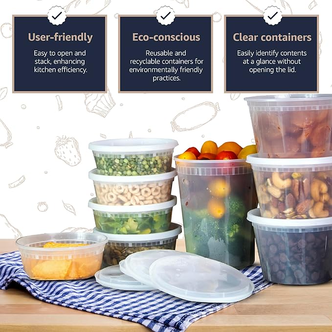 [24 Pack - 32 oz] Plastic Soup Cups Deli Food Storage Containers with Tight Lids Portion Control Non-Spill Stackable Microwaveable Freezer Dishwasher Safe