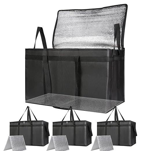 Bodaon 4-Pack Cooler Insulated Food Delivery Bag for Doordash/Uber Eats, XXX-Large Thermal Bags for Catering/Hot Pizza, Travel/Camping/Picnic Basket，Grocery Reusable Warmer Frozen, Black With Bottom