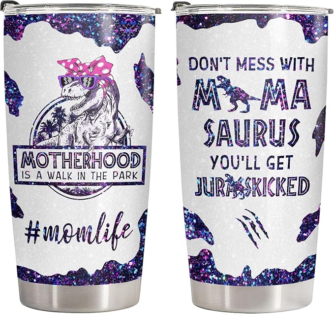 34HD Funny Dinosaur Mom Gifts, Purple Mamasaurus Tumbler with Lid, 20oz Stainless Steel Vacuum Insulated Momma Drinking Cup, Mothers Day Gifts for Mom from Son Daughter Husband