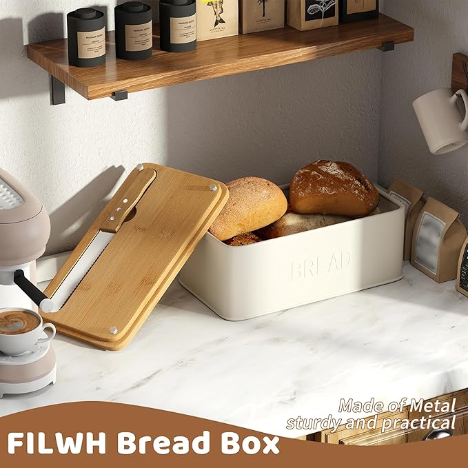 FILWH Metal Bread Box with Bamboo Cutting Board Lid, Bread Box with Bread Knife for Kitchen Countertop Countertop Storage for Homemade Bread, Bagels & Muffins (White, M)