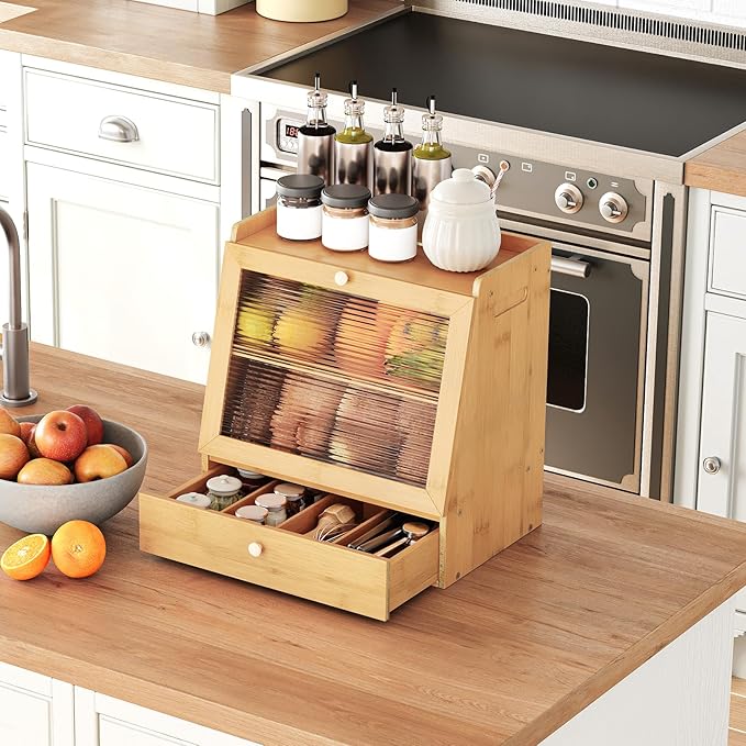 HOOBRO Bread Box, Bamboo Bread Box Storage Container with Drawer, 2-Tier Kitchen Countertop Food Storage Box with Acrylic Door, for Food, Natural YL21MB01