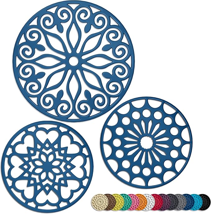 3 Set Silicone Trivet Mats with 1 Extra Large Included | Intricately Carved Insulated Flexible Durable Non Slip Thick Round Premium Trivets for Hot pots and Pans | Tardis Navy Blue