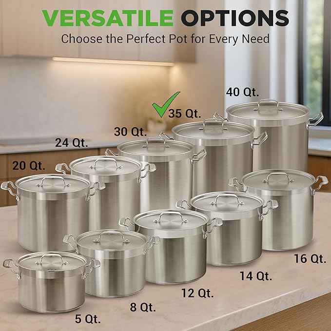 Nutrichef Stainless Steel Cookware Stockpot, 35 Quart Heavy Duty Induction Soup Pot With Stainless Steel Lid And Strong Riveted Handles, Even Heat Distribution, Compatible With Most Cooktops