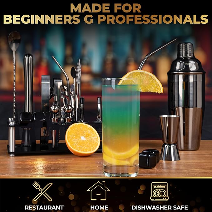 Mixology Bartender Kit – 24 Piece Gun Metal Cocktail Shaker Set w/Stand – Essential Home Bar Accessories Martini Shaker, Jigger, Muddler, Chilling Cubes & More