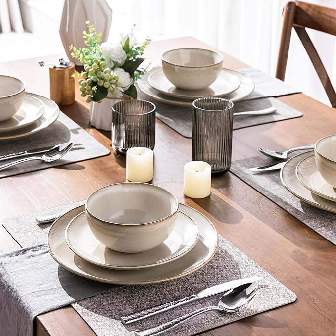 GBHOME Ceramic Dinnerware Sets for 6, 18 Pieces Stoneware Plates and Bowls Sets, Reactive Glaze Dishes -Scratch Resistant, Dishwasher&Microwave Safe-Cappuccino