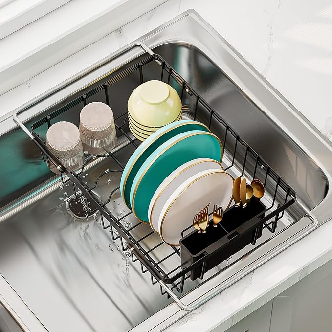 Small Dish Drying Rack in Sink, Expandable Stainless Steel Dish Drainers for Kitchen Counter, with Drain Board & Utensil Holder(Black)