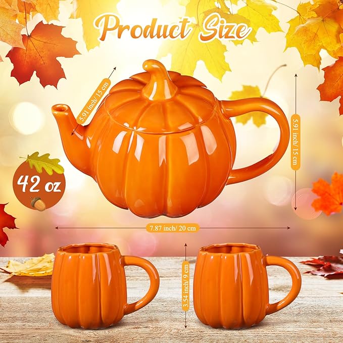 Mimorou Thanksgiving Pumpkin Tea Set Ceramic Teapot with 2 Mugs and Tea Mug Orange Ceramic Pumpkin Shaped Teapot Set for Thanksgiving Halloween Christmas Birthday Gift