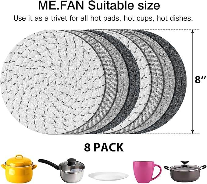 ME.FAN 8 Inch Trivets for Hot Dishs, 8 Set Cotton Thread Weave Trivets for Hot Pans, Potholders, Large Coasters, Hot Pads, Hot Mats to Protect Desktop & Countertop, Kitchen Essentials Grey