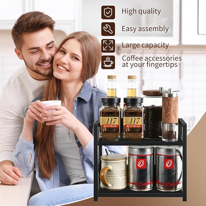 YINMIT Countertop Shelf Organizer,Coffee Bar Accessories,Spice Rack,Coffee Counter Shelf,2 Tier Coffee Organizer Station for Mugs,Cups,Cream,Syrup (Black, Small)