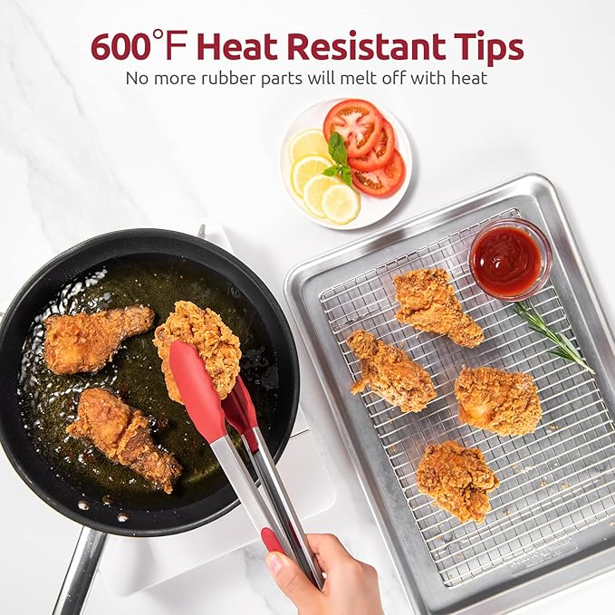 600ºF Heat Resistant Kitchen Tongs: U-Taste 12 inch Large Silicone Cooking Tong with Sturdy Non Stick Rubber Tips & Silicon Coated 18/8 Stainless Steel Handle & Smooth Locking for Serving Grill (Red)