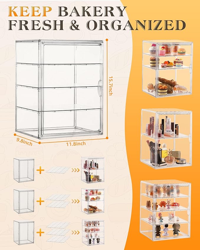Clear Pastry Display Case, Bread Case for Kitchen Countertop-4 Layers Adjustable, Large Capacity Clear Bread Box for Home-Baked Breads,Muffins,Bagel Storage Container, Bread Holder