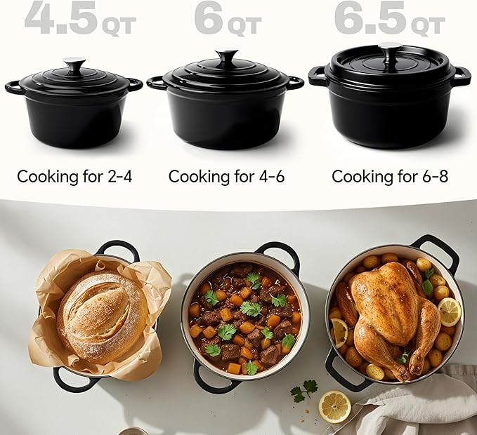 6.5 Quart Dutch Oven Pot with Lid, Non Stick Enameled Cast Iron Dutch Oven for Bread Baking, Heavy-Duty, Oven Safe Ceramic Cookware Up to 500°F for Baking, Braising, Stews, Roasting, Black