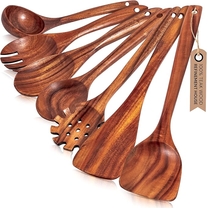 Premium Teak Wooden Utensil Set, 7-Piece Handcrafted Cooking Spoons & Spatulas – Nonstick Safe, Durable, Heat-Resistant Wooden Utensils for Everyday Cooking