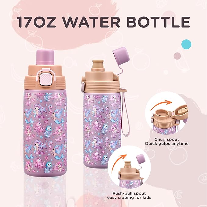 MAISON HUIS Bento Box for Kids with 8oz Soup Thermo, Insulated Lunch Bag & 17oz Water Bottle, 2-Compartment Bento Box with Built-In Ice Pack, Leak-Proof & BPA-Free