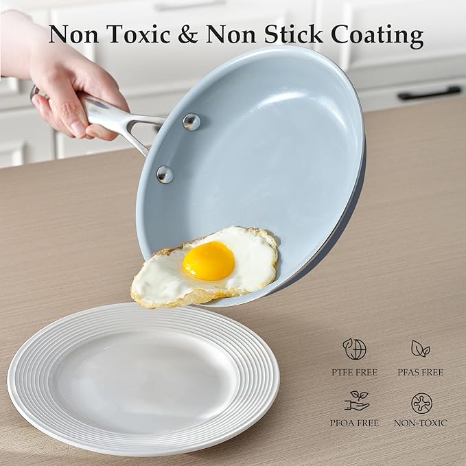 Ceramic Frying Pan Set with Stainless Steel Handle - Perfect Cookware Set for Steak & Non Stick Cooking - Ceramic Pans Set Non Stick Trendy Essential for Young Chefs(Blue)