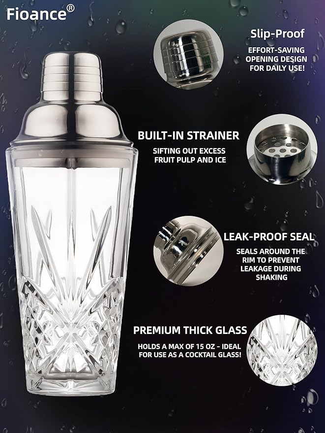 Glass Cocktail Shaker, 15oz Cutting Design - Exquisite Martini Shaker for Elevated Mixology. Perfect for Crafting Artisan Cocktails, Martinis. (Including Drink Shaker & Gold Pour Spout)