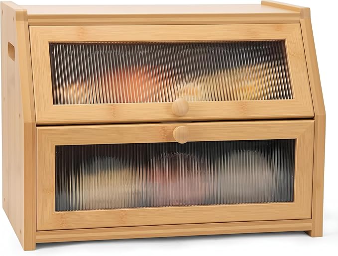 Large Bread Box for Kitchen Countertop, Wooden Bread Bin with Double Layer Storage and 0.6-inch Thick Natural Wood Panels, Rustic Bread Box Organizer for Kitchen (Natural Wood)