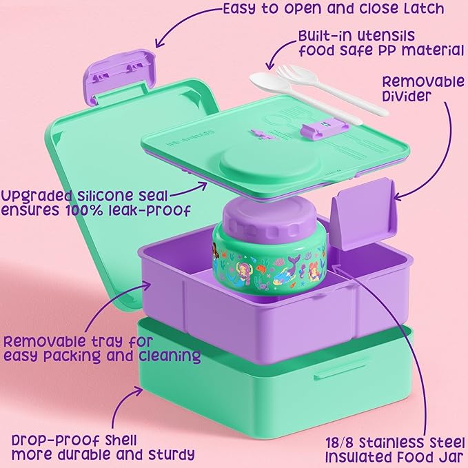 Fimibuke Bento Lunch Box for Kids Adult, 3-4 Compartment 60OZ Toddler Lunch Box Container with Leakproof 8OZ Insulated Food Jar, Sauce Jar, Utensil for School Boys Girls, BPA-Free Dishwasher Safe