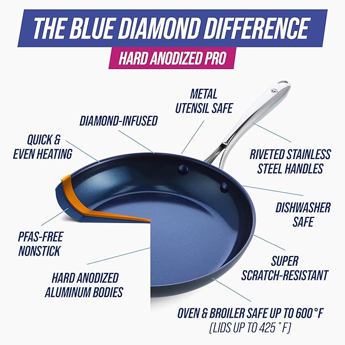 Blue Diamond Cookware Hard Anodized Ceramic Nonstick, 8" Frying Pan Skillet, PFAS-Free, Dishwasher Safe, Oven Safe, Grey