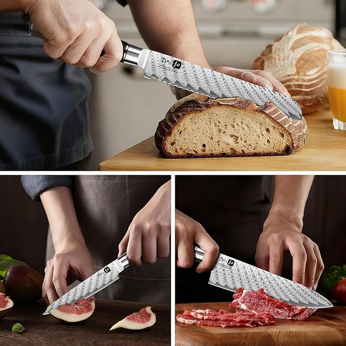 5 Piece Damascus Knife Set, Japanese Knives with 66-Layers Damascus Steel & VG 10 Steel Core, Resin Handle, Includes 5" Paring, 6" Boning, 7" Santoku, 8" Chef & 8" Bread Damascus Knives in Gift Box