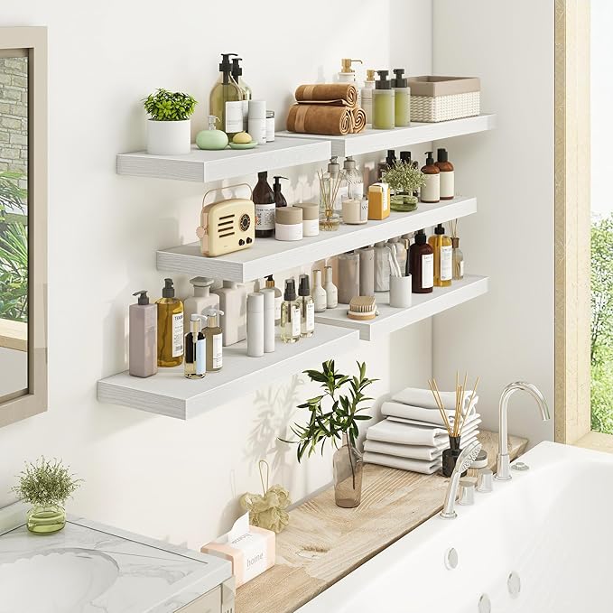 Fun Memories 32Inch Floating Shelves, 9.3Inch Deep Rustic Wall Shelves - Extra Deeper & Thicker Wall Mounted Storage Shelf for Kitchen, Farmhouse - Set of 2 - Rustic White