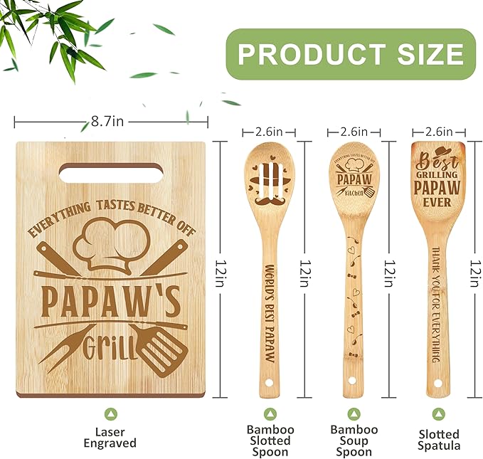 Papaw Gifts, Christmas Papaw Gifts from Grandkids, Gift for Papaw Wooden Cutting Board Utensils with Apron, Great Papaw Grandprents Day Father's Day Birthday Kitchen Gift