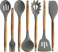 Silicone Cooking Utensils | Wooden Handle, Non-Stick Cookware Heat Resistant Kitchen Utensil Spatula, Slotted & Solid Spoon, Soup Ladle, Slotted Turner and Spaghetti Server,| Acacia Wood - Dark Gray