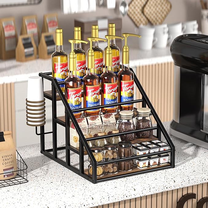 Coffee Syrup Rack Organizer, Spice Racks, Syrup Bottle Holder Stand for Coffee Bar, 4-Tier 16 Bottles Storage Shelves for Syrup, Wine, Dressing for Kitchen Countertop, Rustic Brown & Black