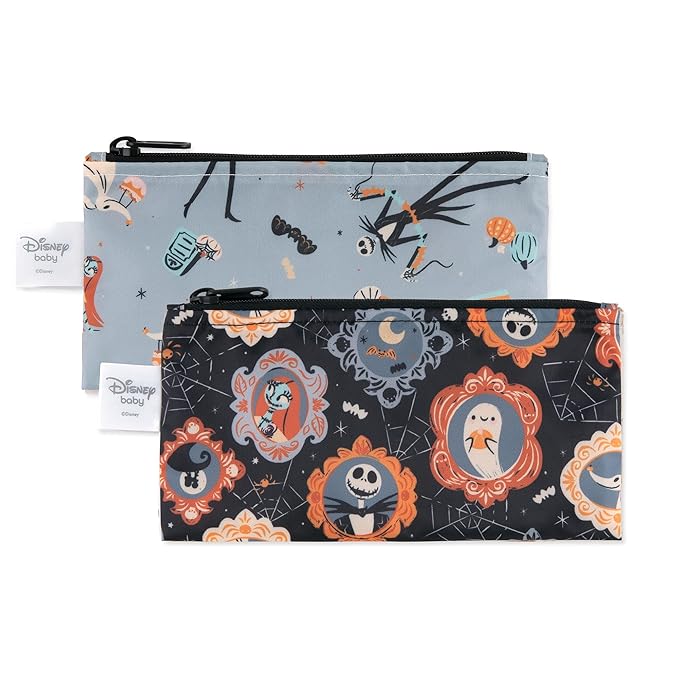 Bumkins Disney Reusable Snack Bags, for Kids School Lunch and for Adults Portion, Washable Fabric, Waterproof Cloth Zip Bag, Supplies Travel Pouch, Food-Safe Storage, 2-pk Nightmare Before Christmas