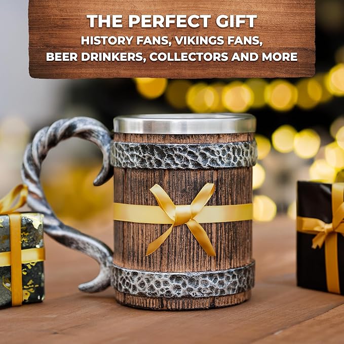 Norse Tradesman Stainless Steel Beer Tankard - 20 oz Tavern Style Mug for Hot or Cold Drinks - Imitation Wood & Iron