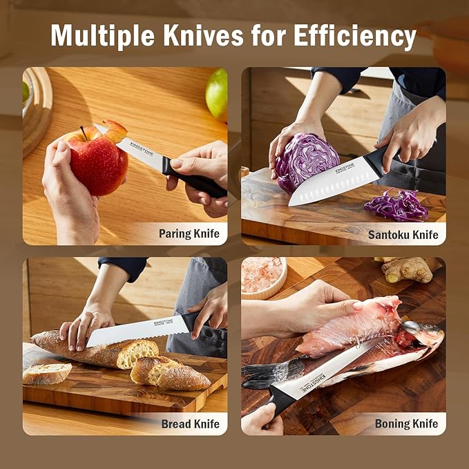 KINGSTONE 14-Piece Knife Block Set, High-Carbon Stainless Steel Knives with Ergonomic Non-Slip Handles, Ultra Sharp & Dishwasher Safe, Black