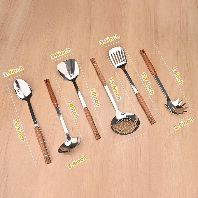 FJNATINH Wok Utensils - Wok Spatula, Soup Ladle, Skimmer, Spaghetti Server, Slotted Turner and Solid Spoon, Stainless Steel Cooking Utensils, Set 6 PCS