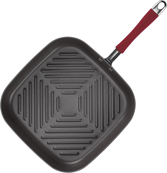 Rachael Ray Cucina Hard-Anodized Nonstick 11-Inch Deep Square Grill Pan, Gray with Cranberry Red Handle - 87632