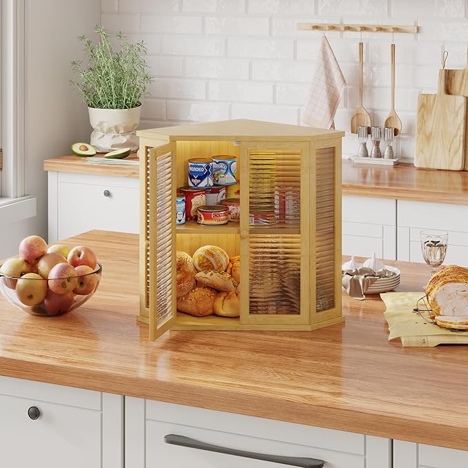 Extra Large Corner Bread Box for Kitchen Countertop, 16.5 inch Bamboo Double Layer Bread Storage with Glass Wavy Door Panel, Eco-Friendly and Stylish Design
