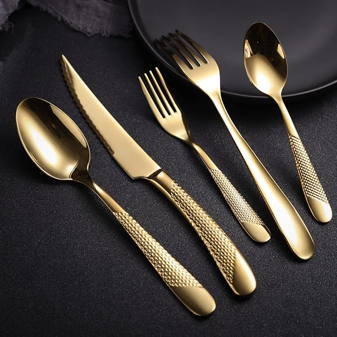 Silverware Set 20-Piece Stainless Steel Gold Flatware Set for 4 Cutlery Tableware Utensils Set Including Fork Spoon and Knife for Home Restaurant Hotel