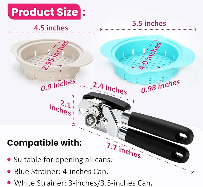 3 PCs Canning Tool Duo — 1 Pack Magnetic Can Opener Bundle with 2 Packs Can Strainers Fit for 3.0''|3.5''|4.0-inches Can | Quick Strain Can Strainers | Easy to Use | Essential Kitchen Gadgets