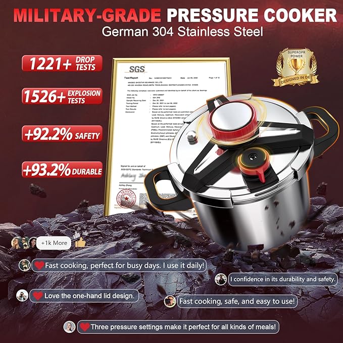 3-In-1 304 Stainless Steel Pressure Cooker 13 Quart: [Explosion-Proof] [3 PSI Settings], One-Hand Locking Pressure Canner, Induction Compatible, Glass Lid & Steamer Rack Included, Olla de Presion