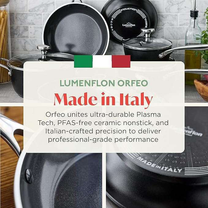 Orfeo 8” Nonstick Frying Pan Skillet, Made in Italy, Diamond Ceramic PFAS-Free Cookware, Induction Ready, Scratch Resistant, Laser-Fused Surface for Durability, Dishwasher Safe, Black