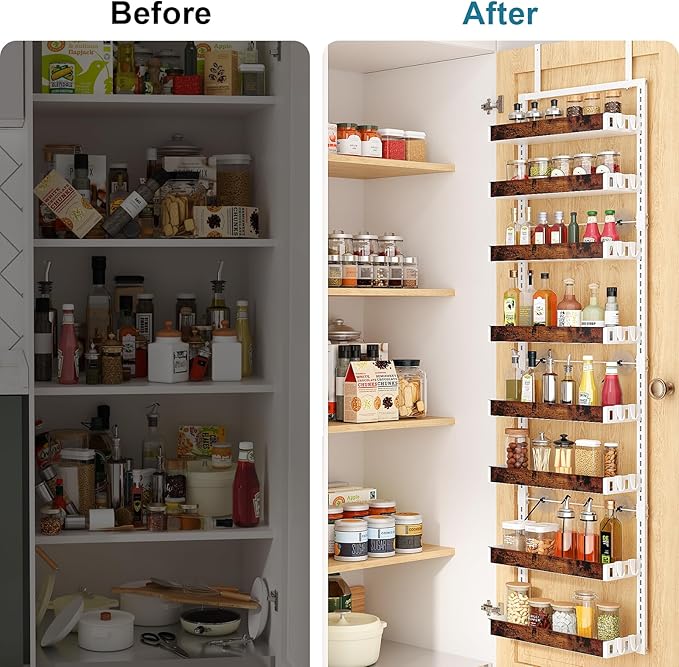 bukfen Over the Door Pantry Organizer, 8-Tier Adjustable Wooden Basket Kitchen Pantry Door Organization and Storage, 2 in 1 Wall Mount or Hanging Heavy-Duty Metal Hanging Kitchen Spice Rack,White