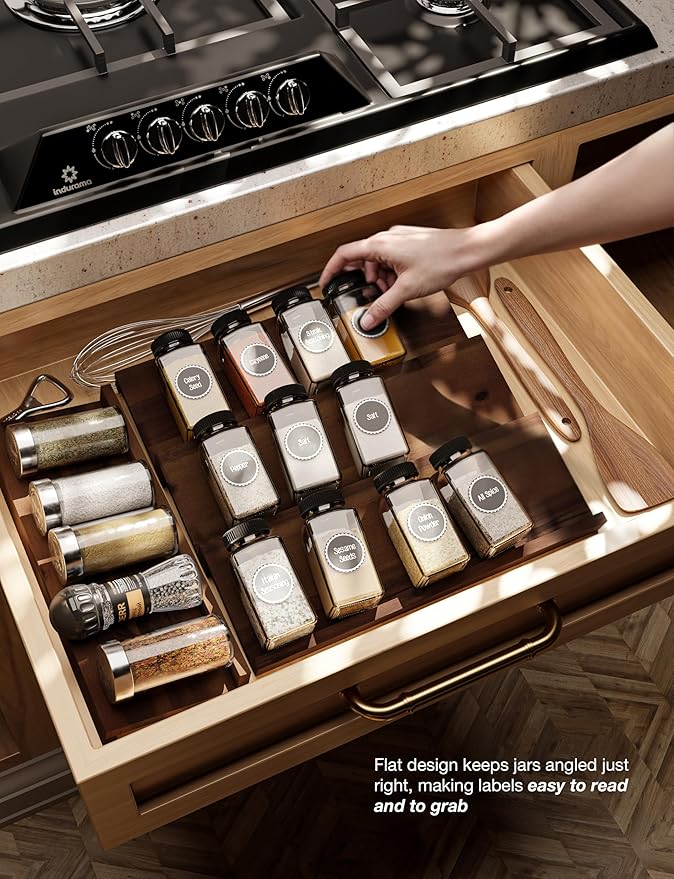 Tinamo Acacia Wooden Spice Rack Organizer for Cabinet - Spice Drawer Insert, Spice Organization for Cabinet, Seasoning Organizer, Spice Holder Pack of 8 (Walnut pack 8)