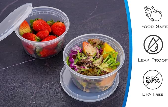 EDI [12 OZ, 50 Sets] Plastic Deli Food Storage Containers with Airtight Lids | Microwave-, Freezer-, Dishwasher-Safe | BPA Free | Heavy-Duty | Meal Prep | Leakproof | Recyclable