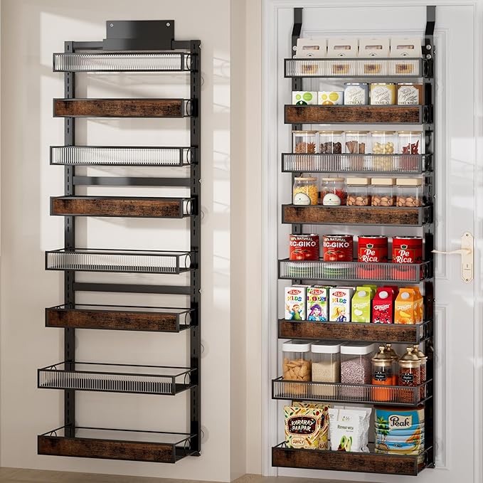 Over The Door Pantry Organizer,8 Tier Spice Rack Wall Mount with Adjustable Basket,Metal Heavy Duty Door Organizer Hanging Storage Shelf for Kitchen Pantry and Bathroom