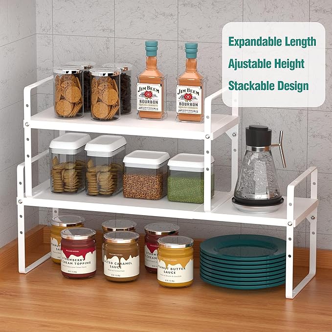 Expandable Cabinet Shelf Organizer Rack, Stackable Kitchen Counter Storage Shelves Stand, Adjustable Height Pantry Shelf Spice Rack, Heavy Duty Nonslip White Large 1Pack