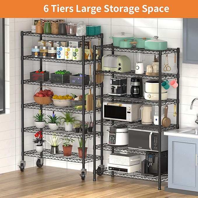 2300LBS Wire Shelving Unit, 36"W x 14"D x 75"H Metal Standing Shelf Units with Wheels / Leveling Feet, 6 Tier, Adjustable, Heavy Duty, and NSF Storage Shelves, Rolling Metal Shelving Wire Rack