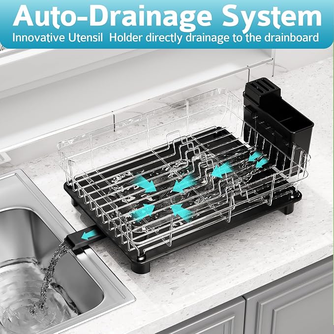 Dish Drying Rack - Space Saving Dish Rack - Dish Racks for Kitchen Counter with Drainboard,Rustproof Dish Drainer with Removable Utensil Holder,Black