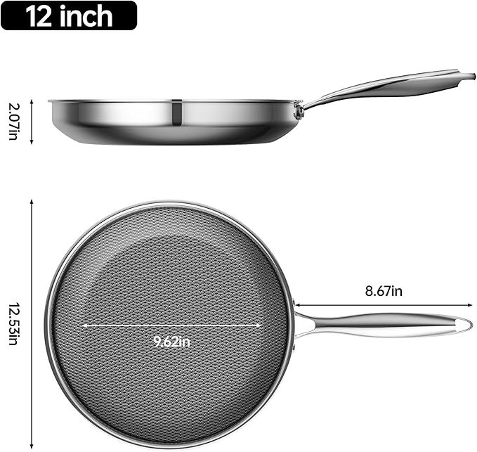 Hybrid Nonstick 12 Inch Frying Pan,Non stick Frying Pan,Stay-Cool Handle, Dishwasher-Friendly, Oven-Safe Up to 600°F, Induction Ready, Compatible with All Cooktops